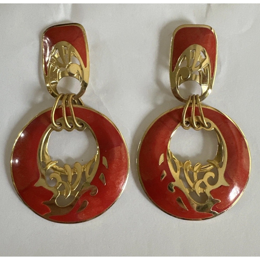 Vtg EDGAR BEREBI Red-Orange  Enamel & Gold Dangle Pierced Earrings Statement
